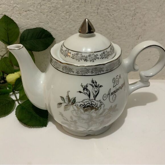 VTG Norcrest Fine 25th Anniversary Chatillon Fine Tea Pot China Silver Muscial - Picture 3 of 11